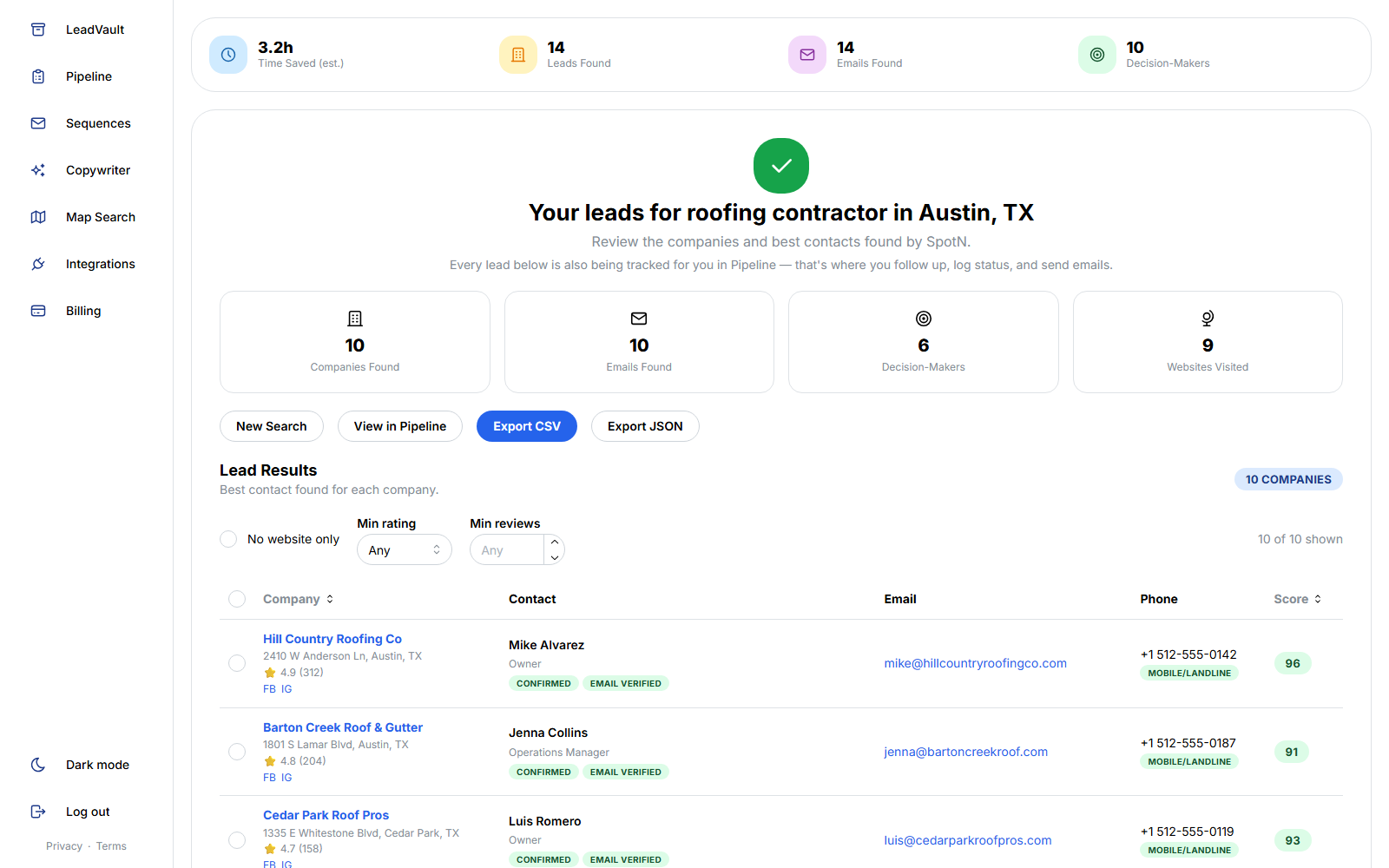 SpotN results screen showing 16 companies found with verified contacts and scores