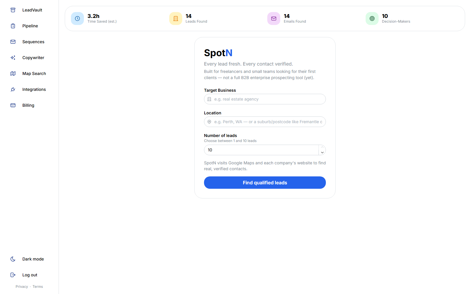 SpotN search screen showing leads found, emails found, and estimated time saved
