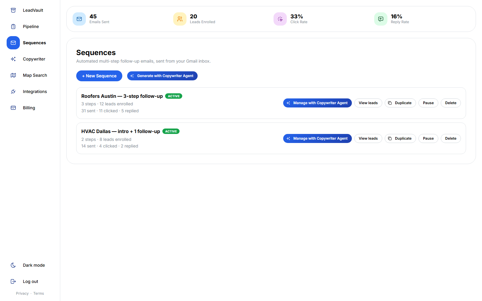 Sequences dashboard showing an active follow-up campaign with send, click, and reply stats